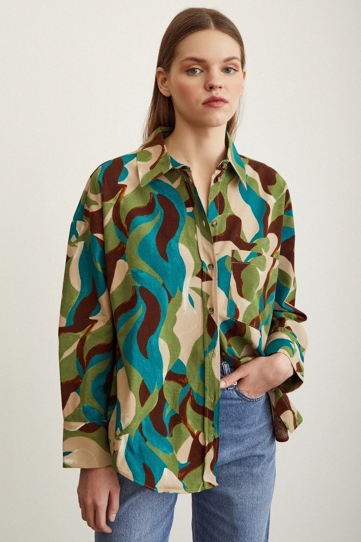 Desenli Oversize Pamuklu Poplin Gömlek