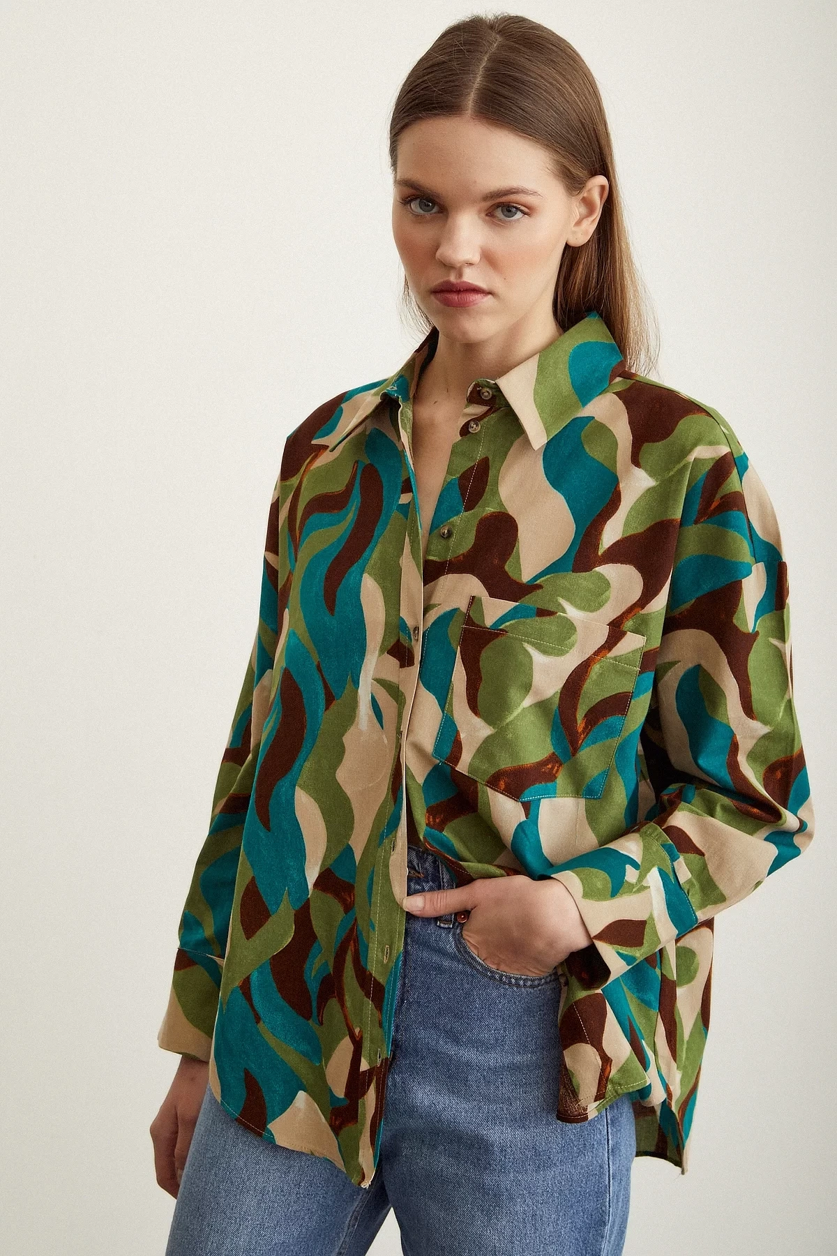 Desenli Oversize Pamuklu Poplin Gömlek
