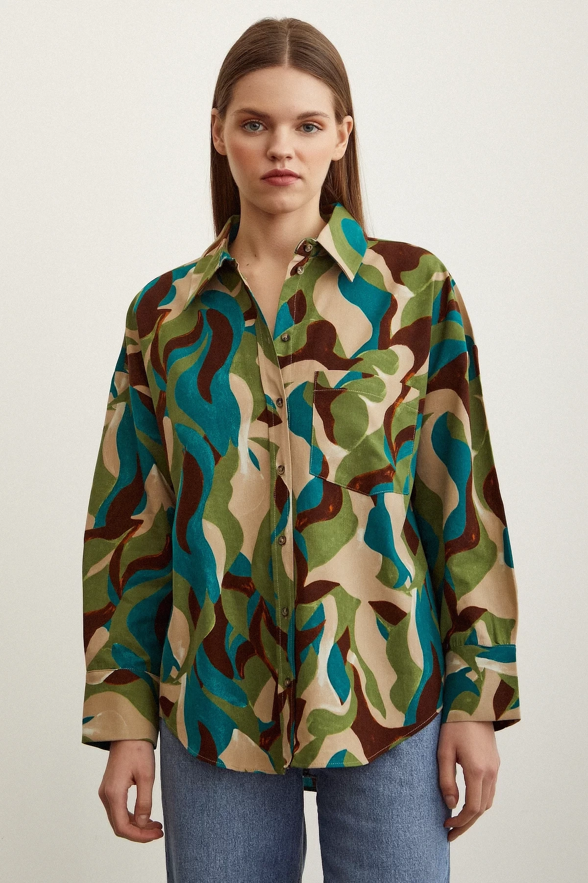 Desenli Oversize Pamuklu Poplin Gömlek