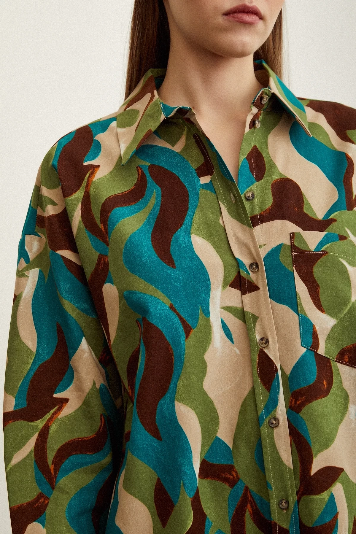 Desenli Oversize Pamuklu Poplin Gömlek