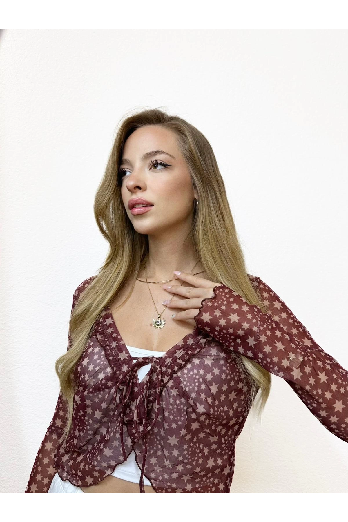 Desenli V Yaka Şifon Bluz
