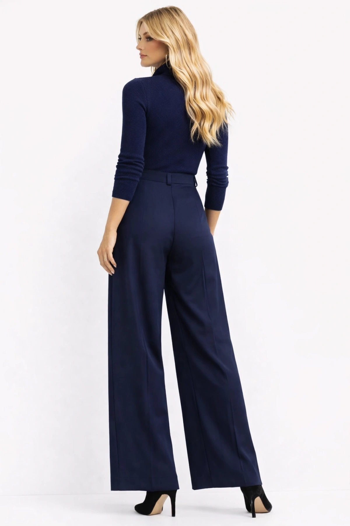 Düğme Detaylı Geniş Paça Lacivert Pantolon