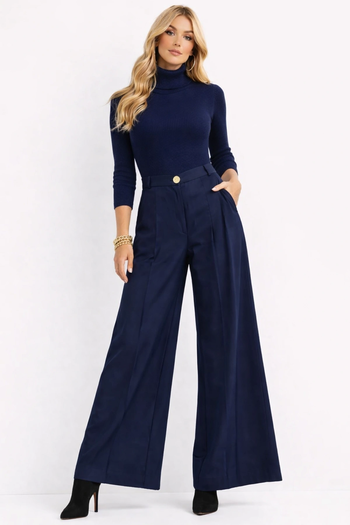 Düğme Detaylı Geniş Paça Lacivert Pantolon