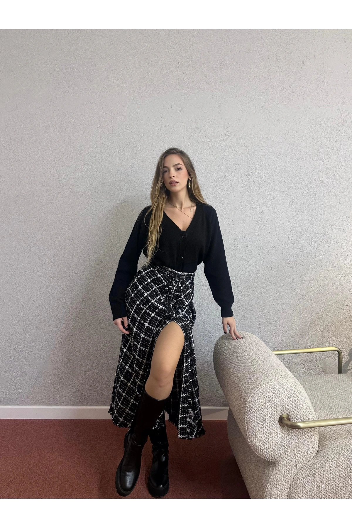 Slim Fit Kesim Ekoseli Açılıp/Kapanabilir Düğmeli Tüvit Midi Etek