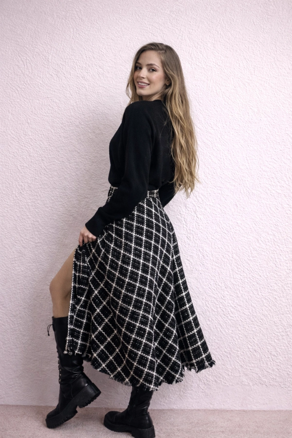 Ekoseli Düğmeli Tüvit Midi Etek