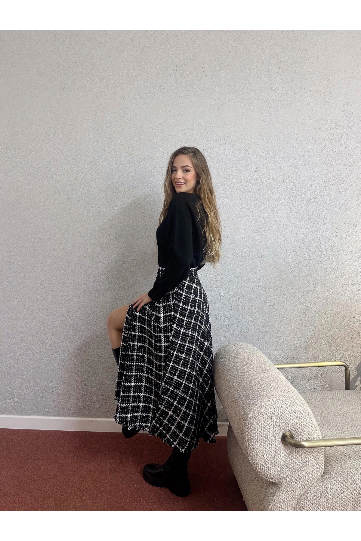 Slim Fit Kesim Ekoseli Açılıp/Kapanabilir Düğmeli Tüvit Midi Etek