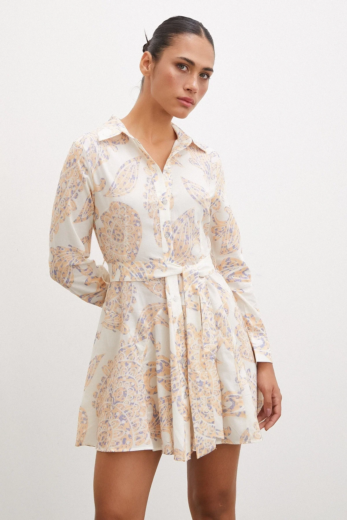 Godeli Desenli Krem Elbise