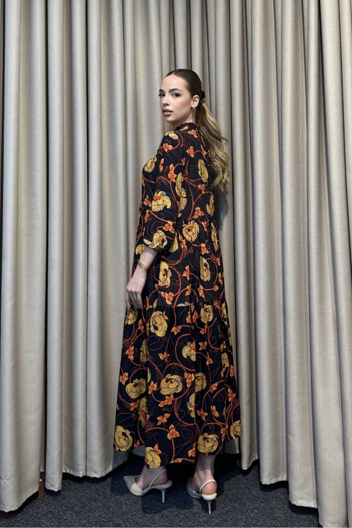 Hakim Yaka Desenli Lacivert Maxi Elbise