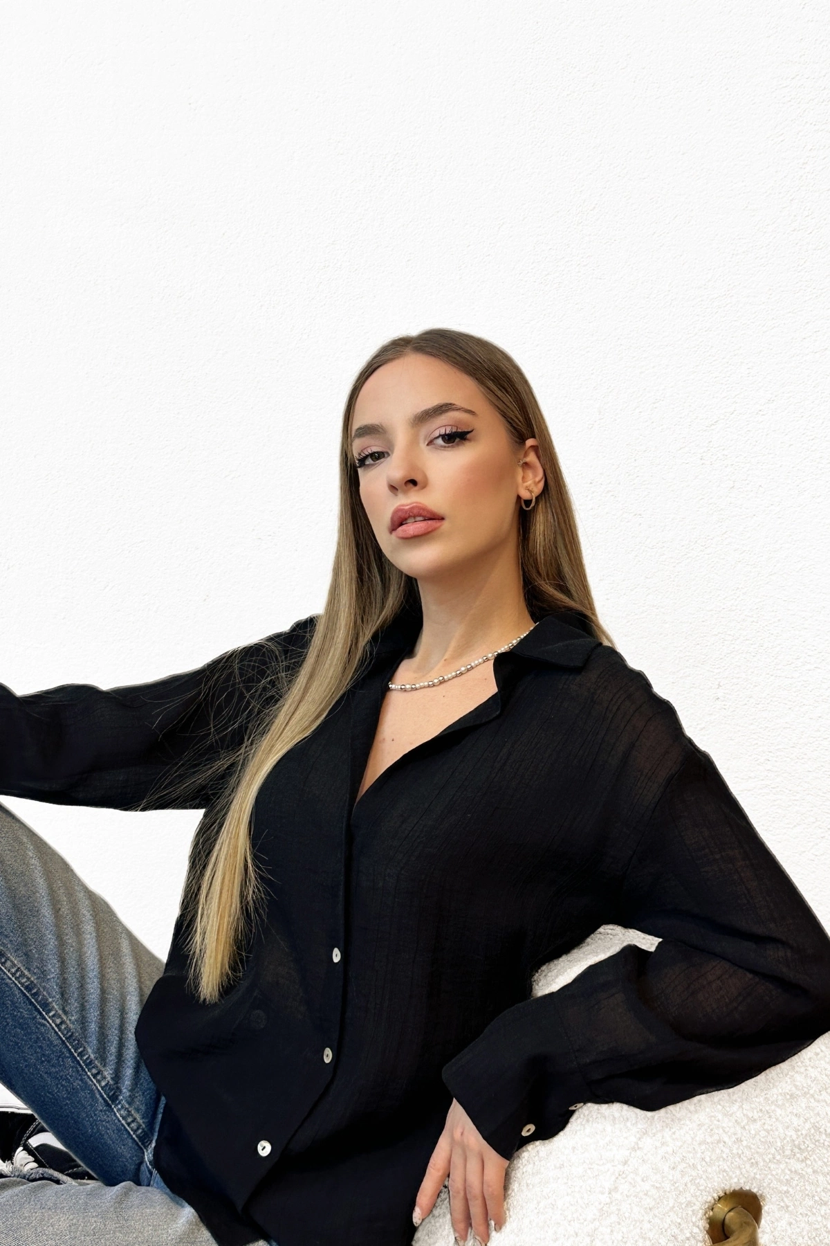 Kabartma Çizgili Saten Gömlek