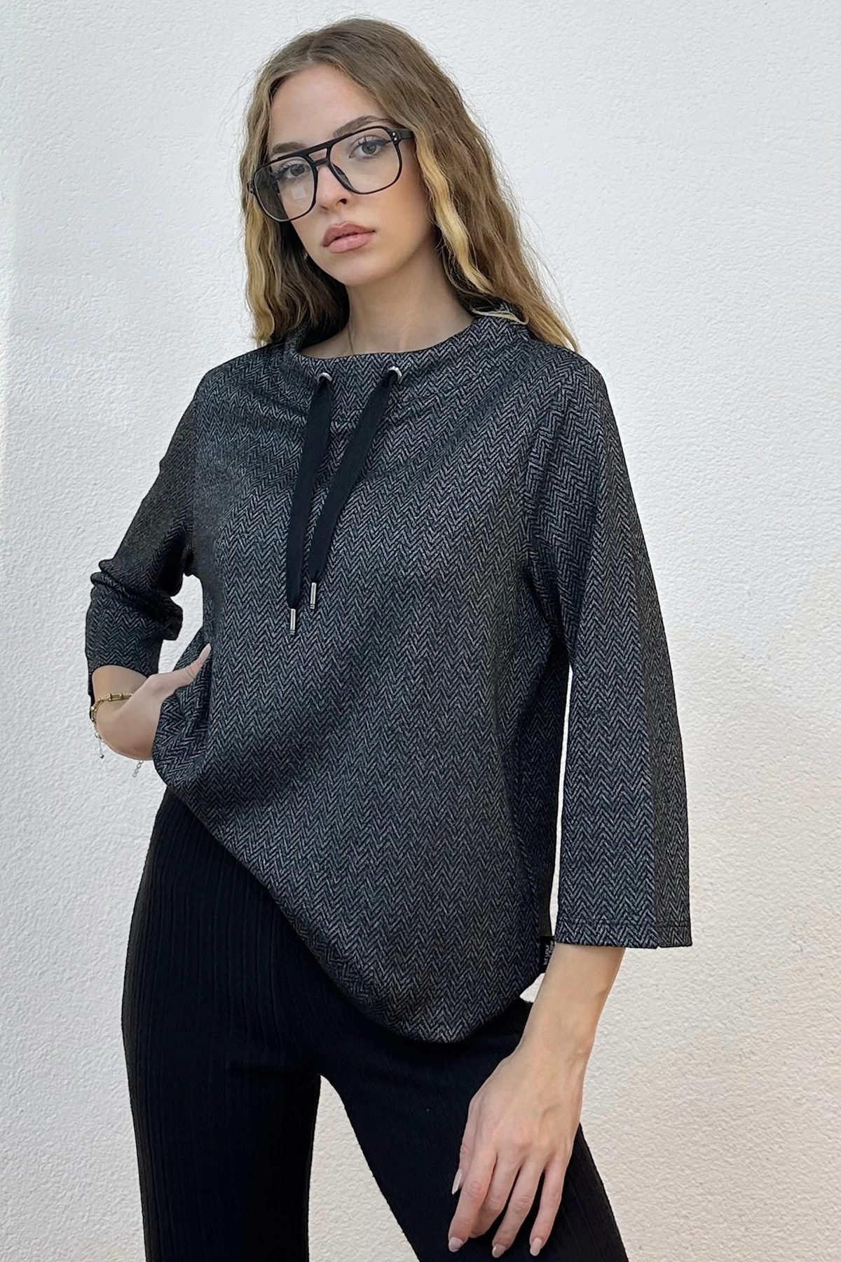 Kayık Yaka Kordonlu Fakir Kol Sweatshirt