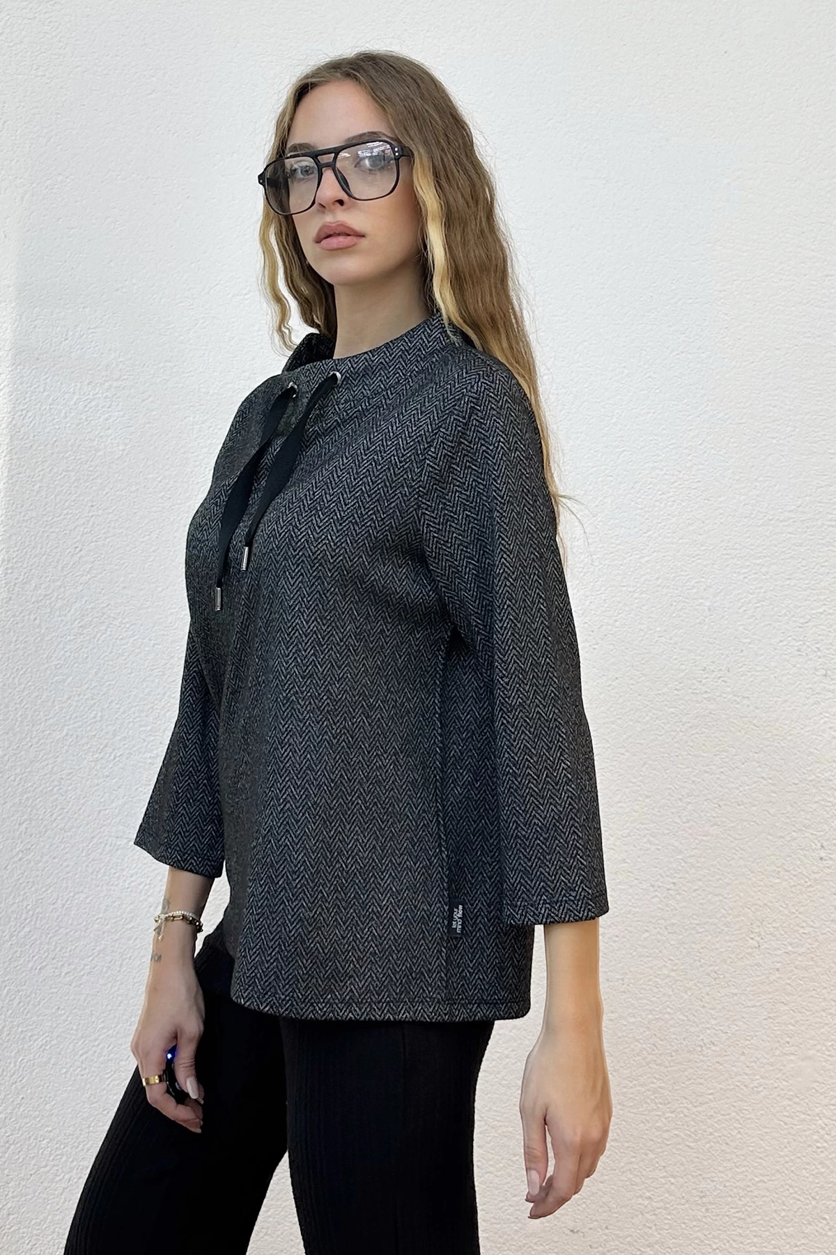 Kayık Yaka Kordonlu Fakir Kol Sweatshirt