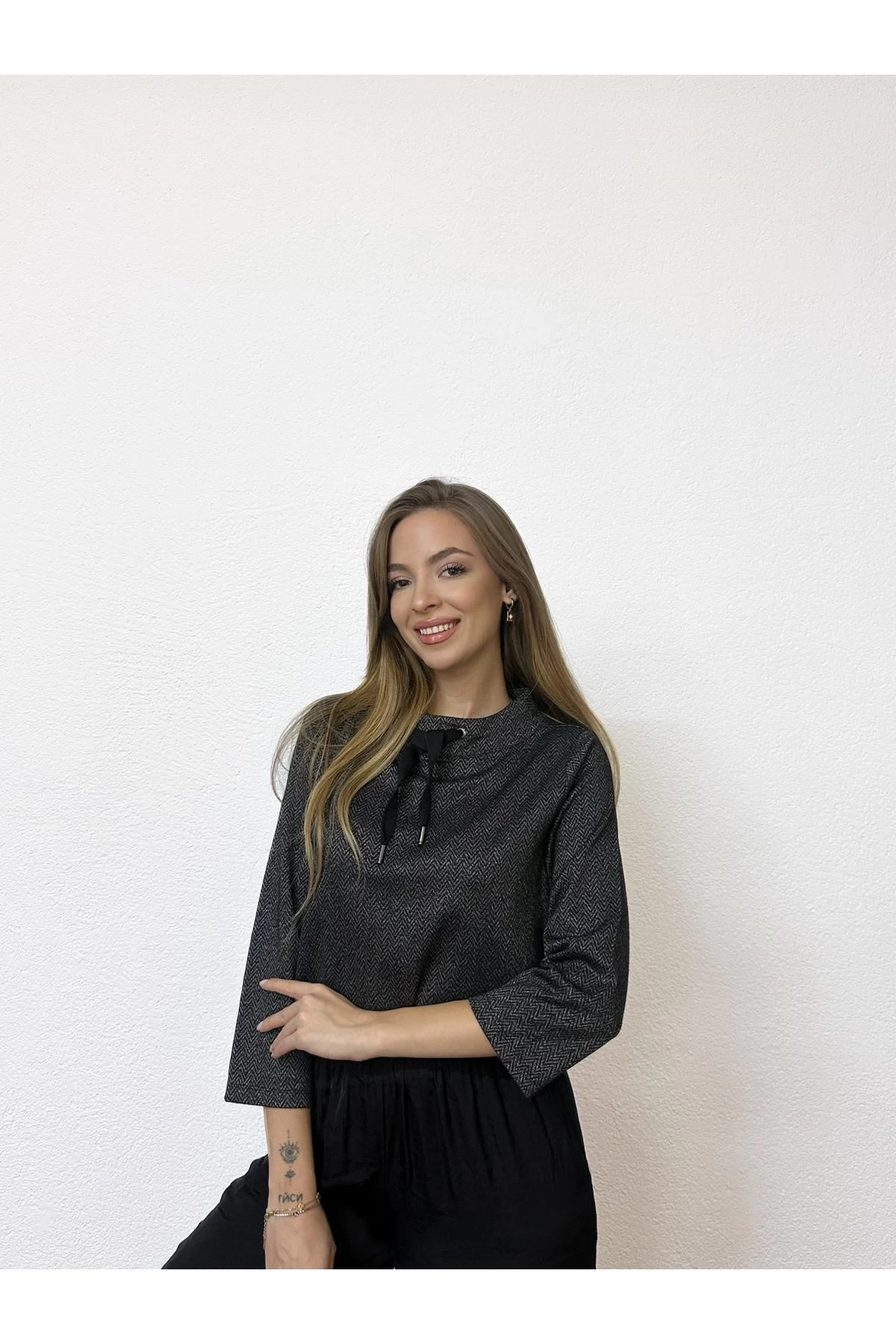 Kayık Yaka Kordonlu Fakir Kol Sweatshirt