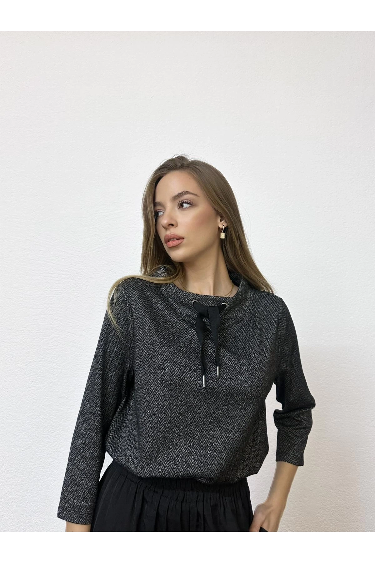 Kayık Yaka Kordonlu Fakir Kol Sweatshirt