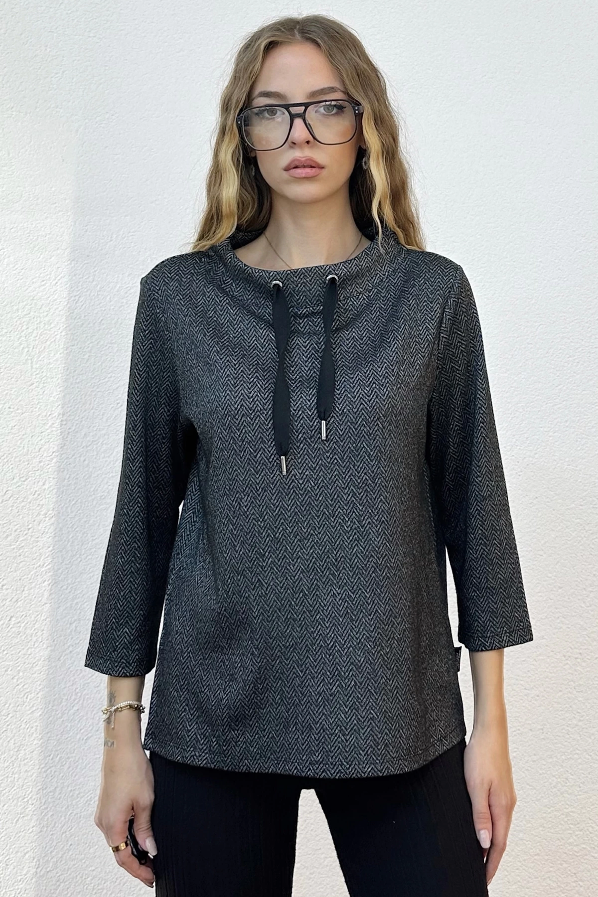 Kayık Yaka Kordonlu Fakir Kol Sweatshirt