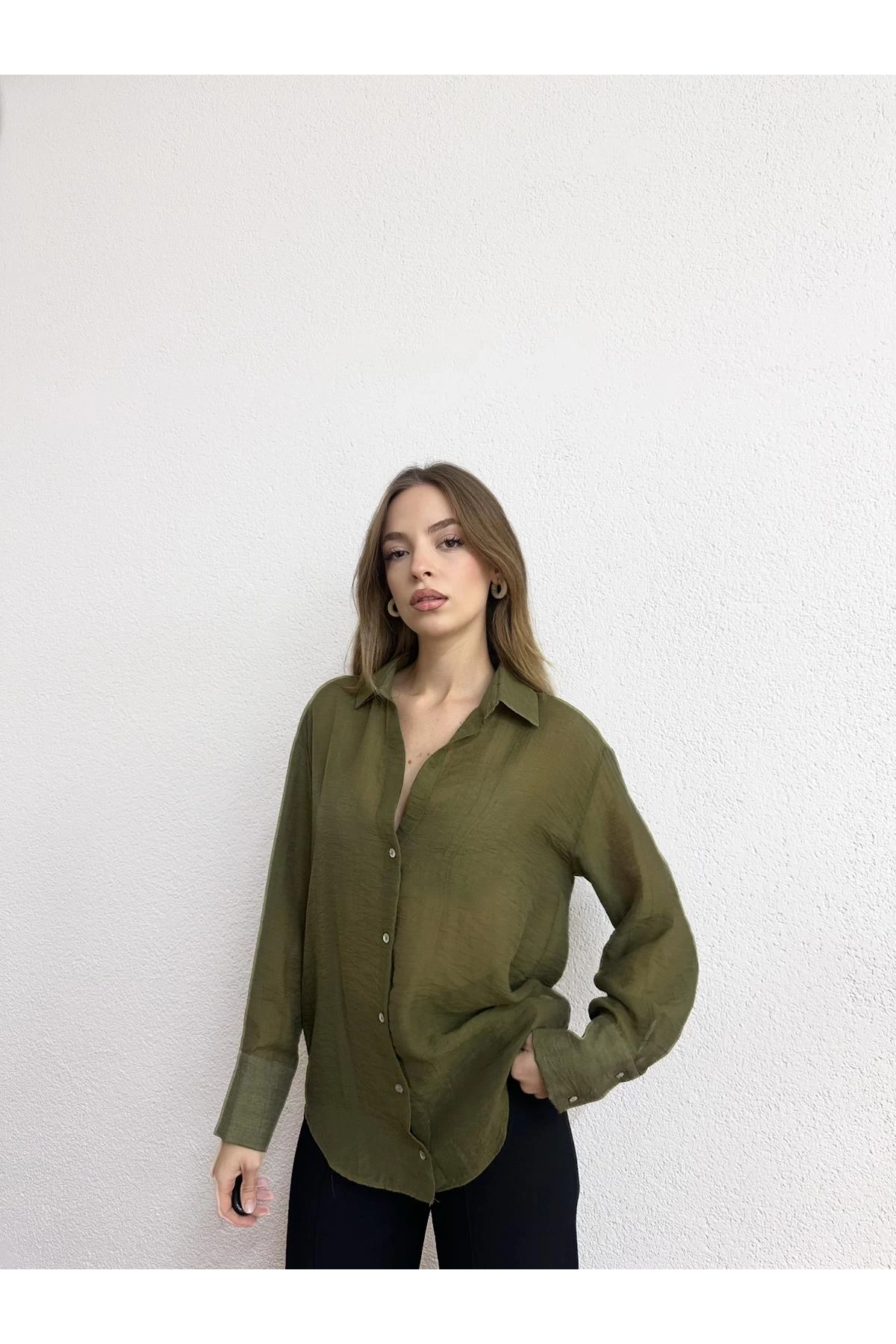 Kendinden Çizgili Viskon Haki Gömlek