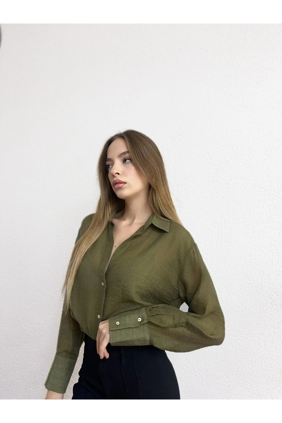 Kendinden Çizgili Viskon Haki Gömlek