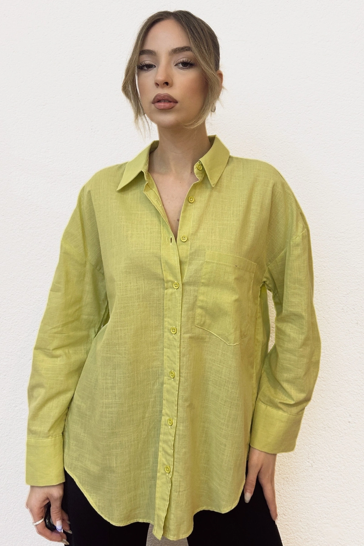 Keten Karışımlı Oversize Gömlek