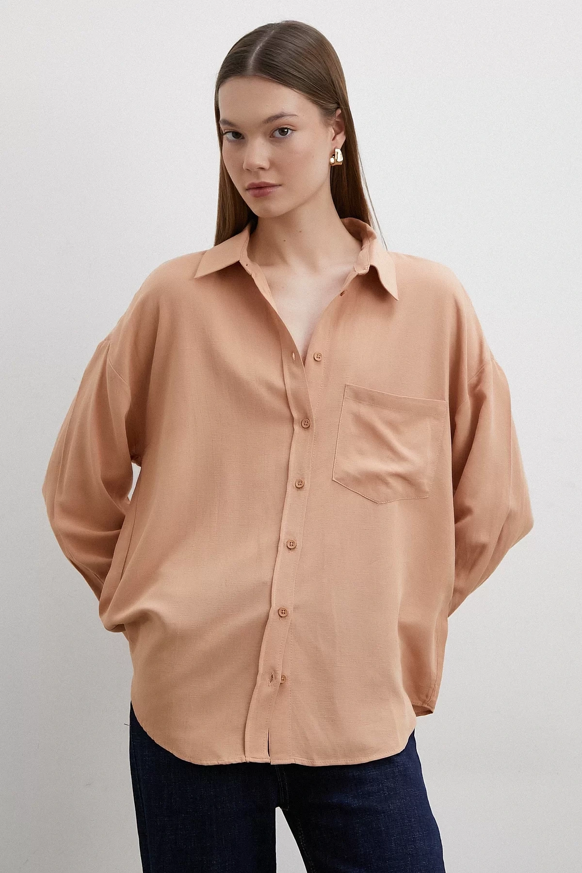 Keten Karışımlı Pudra Gömlek