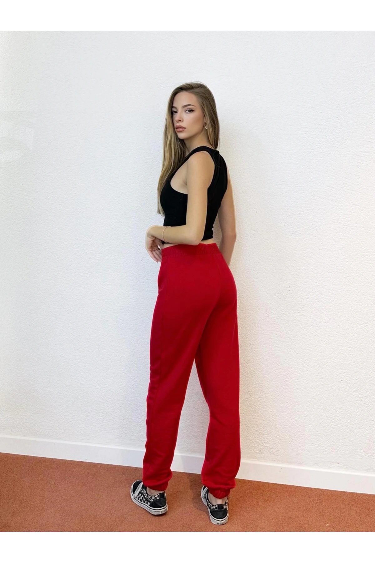 Kırmızı Şardonlu Oversize (Geniş Kalıp) Eşofman Altı