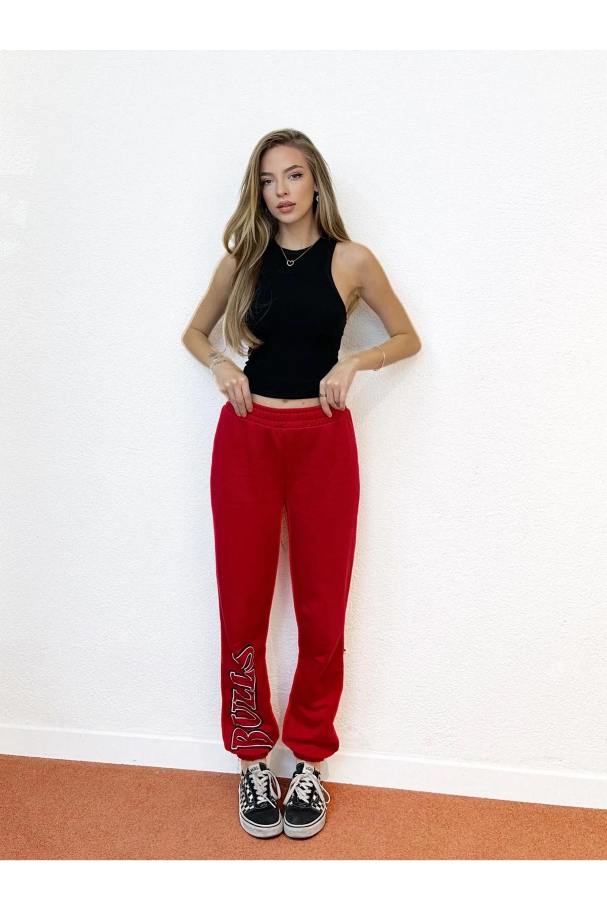 Kırmızı Şardonlu Oversize (Geniş Kalıp) Eşofman Altı