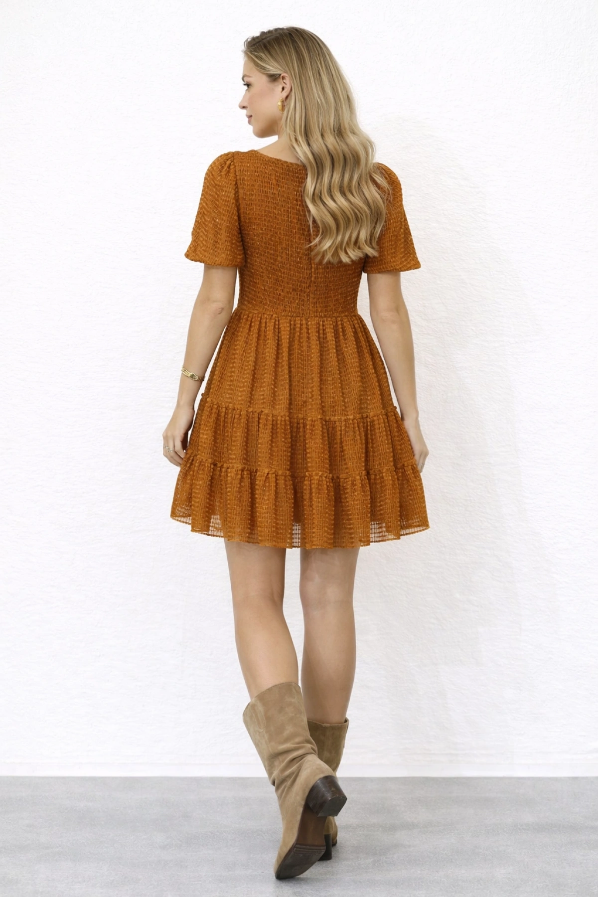 Kısa Kollu Astarlı Kiremit Elbise