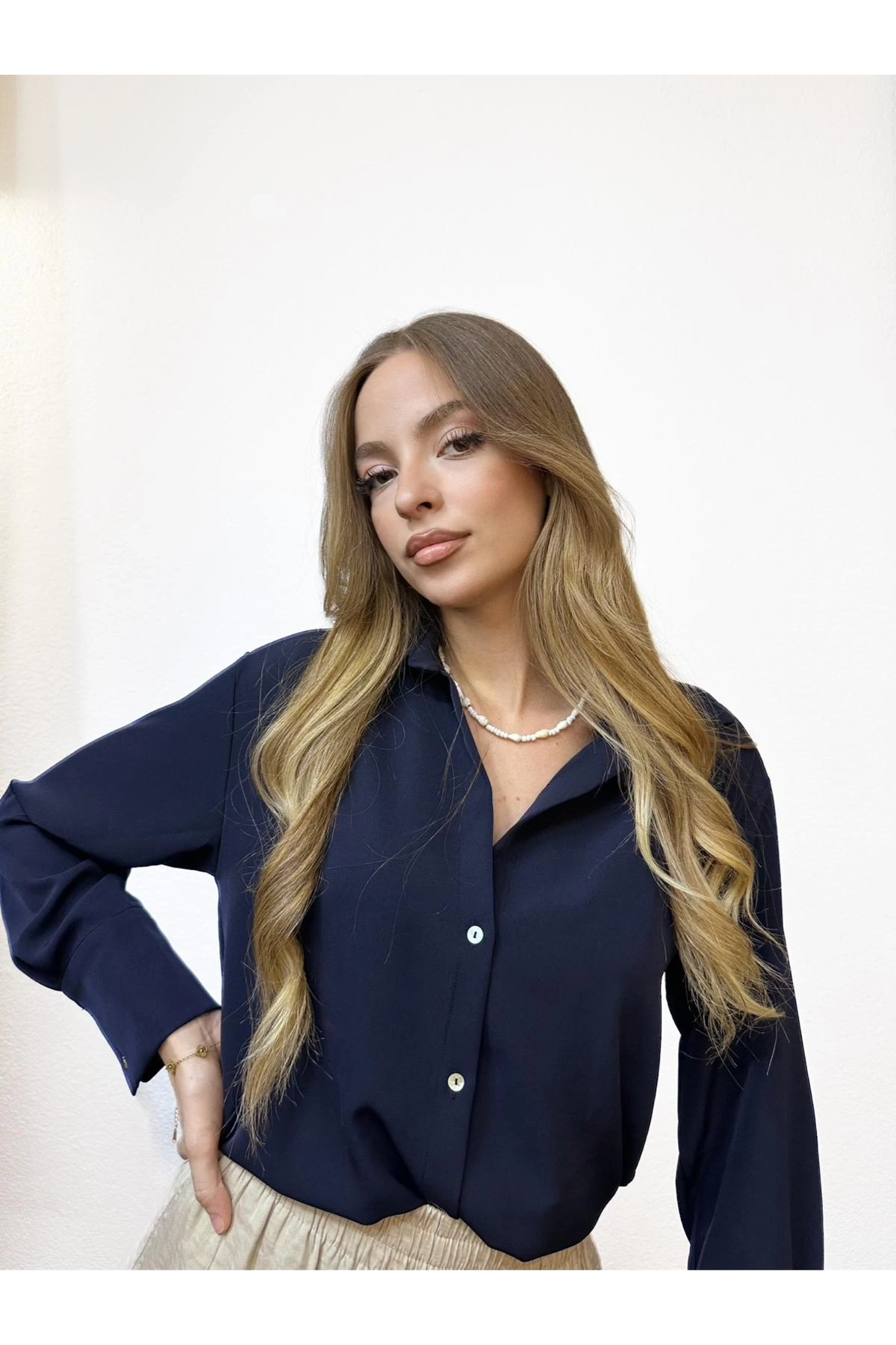 Likralı Basic Lacivert Gömlek