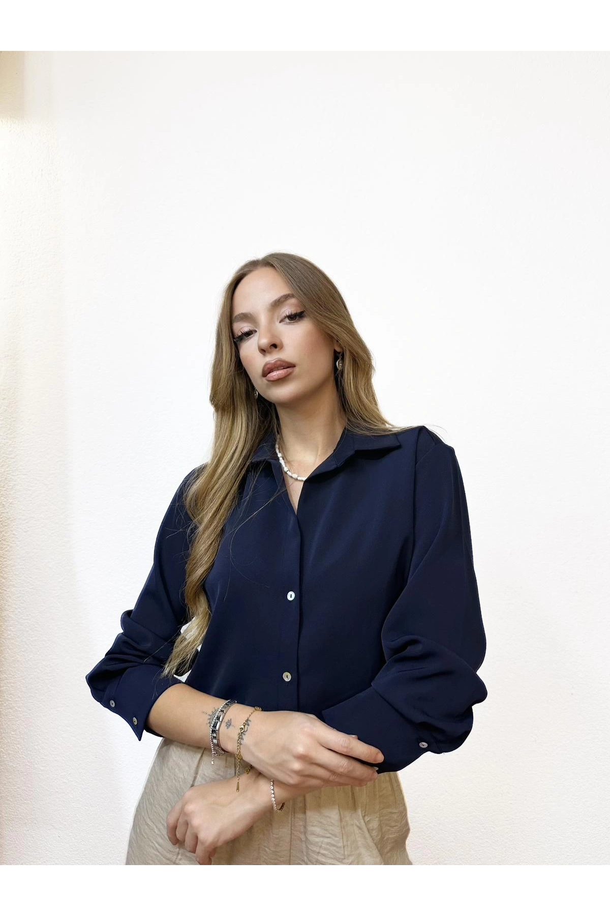Likralı Basic Lacivert Gömlek