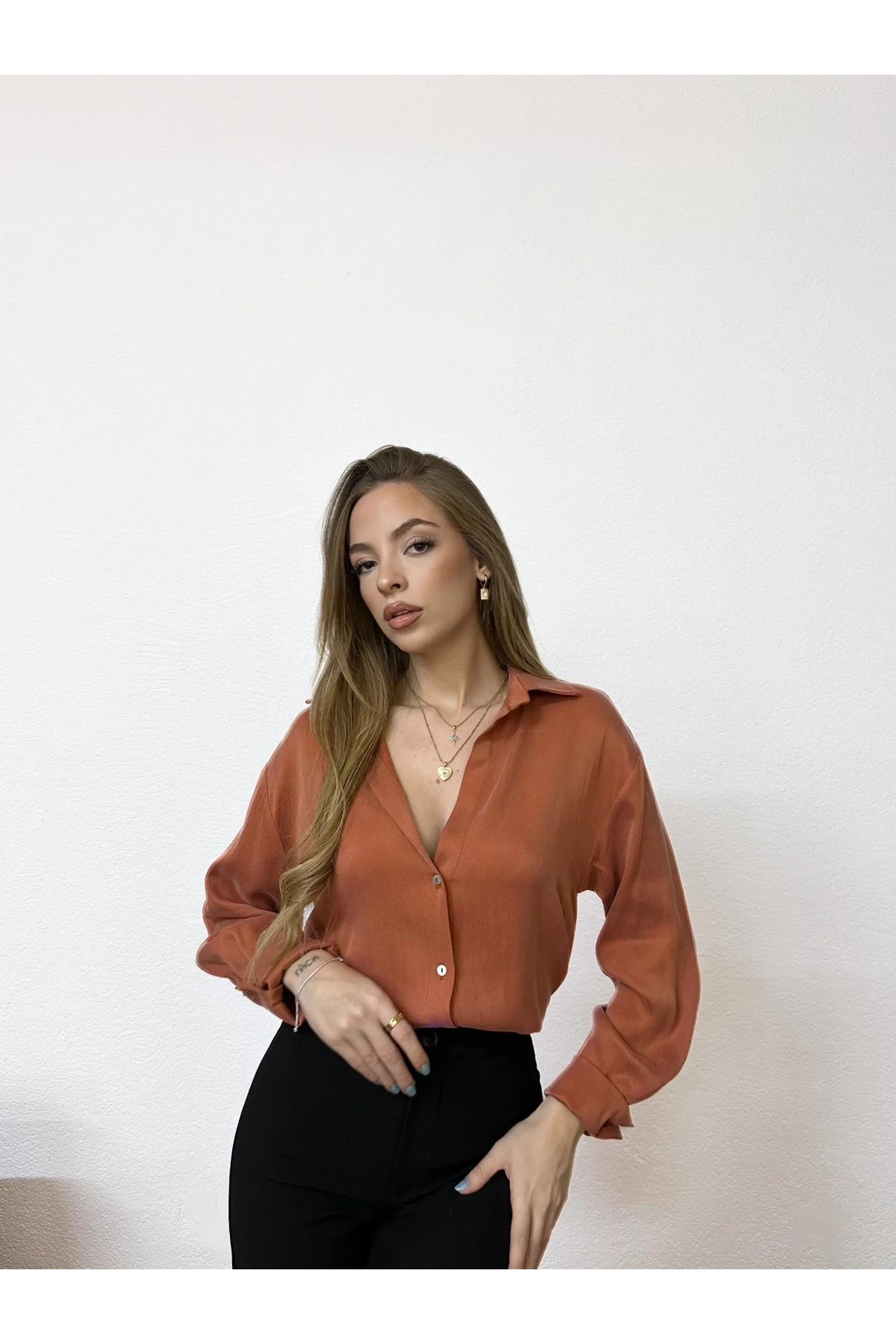 Likralı Mevsimlik Kiremit Gömlek