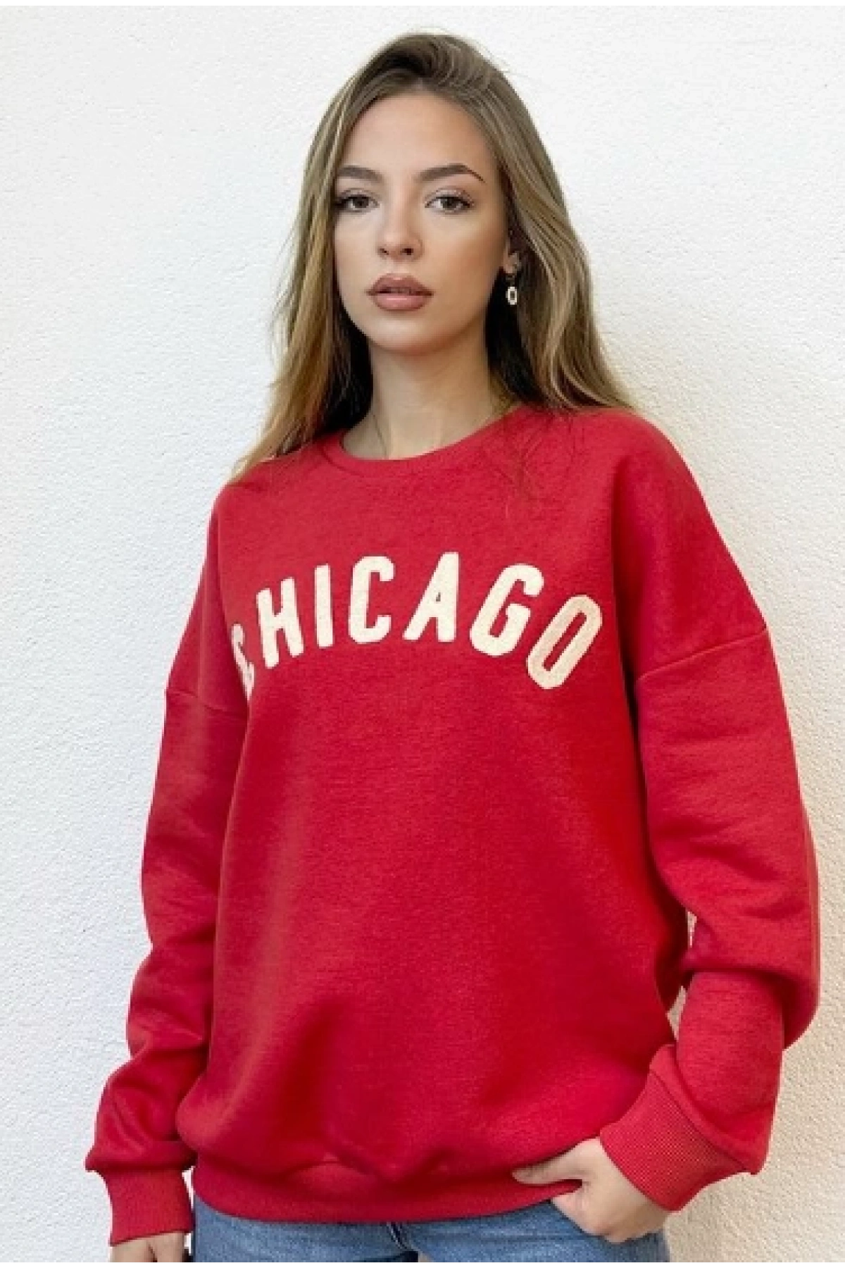 Önü Yazılı Bisiklet Yaka Kırmızı Geniş Kesim Sweatshirt