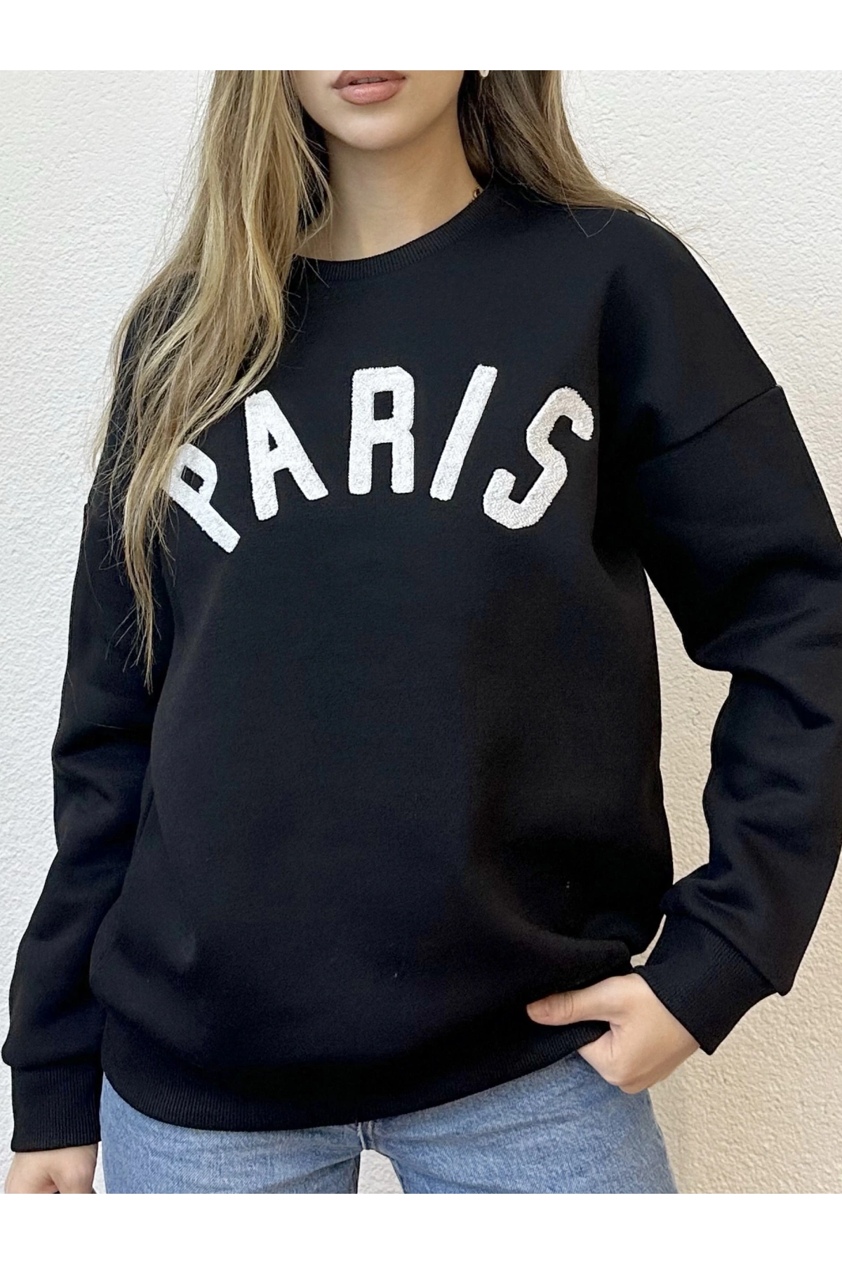 Önü Yazılı Oversize Bisiklet Yaka Siyah Sweatshirt