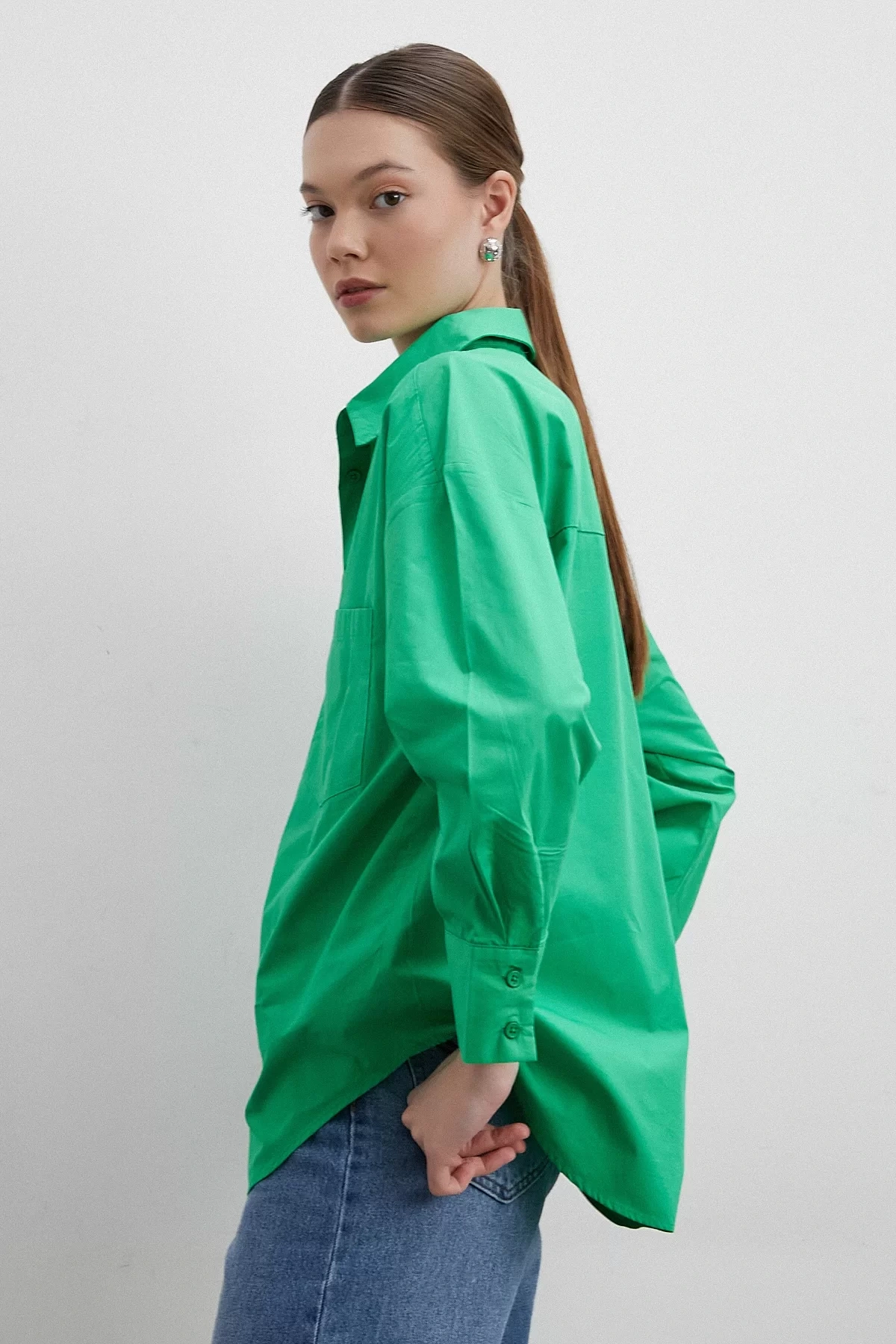 Oversize Pamuklu Yeşil Gömlek