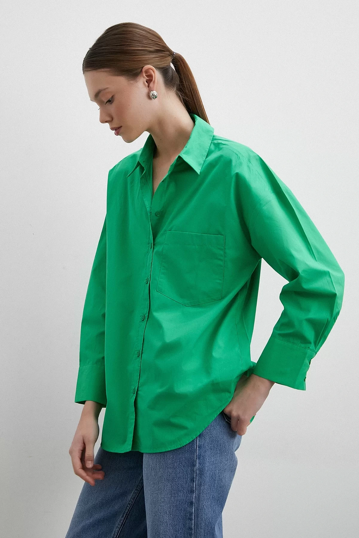 Oversize Pamuklu Yeşil Gömlek