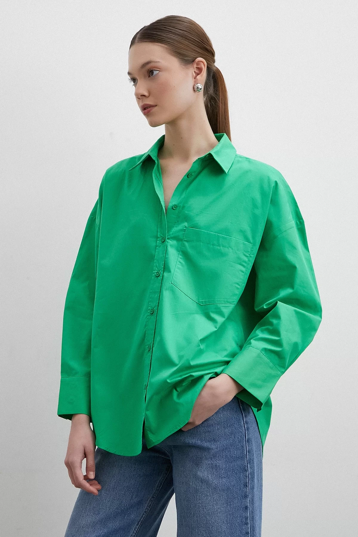 Oversize Pamuklu Yeşil Gömlek