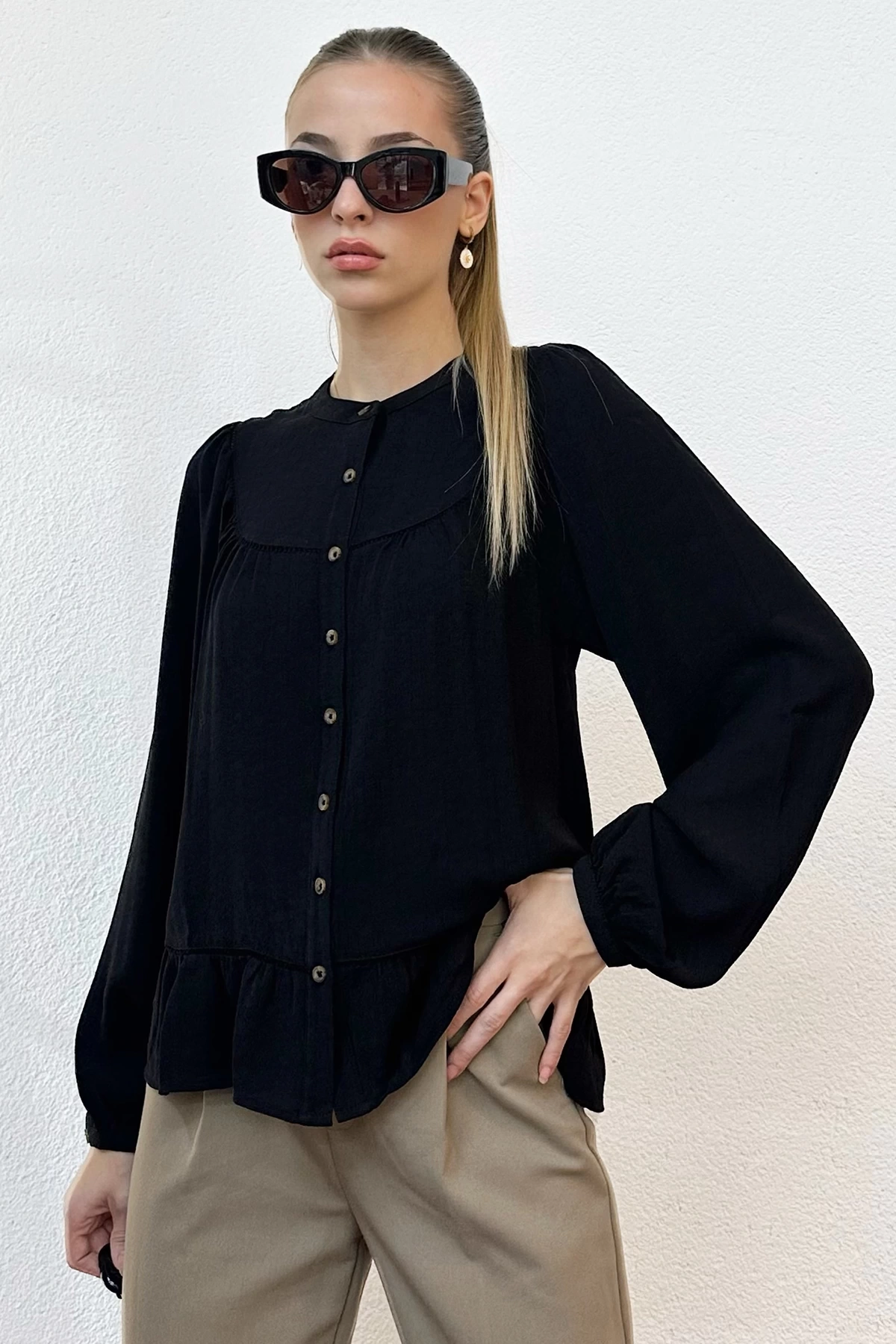 Robalı Balon Kol Bluz