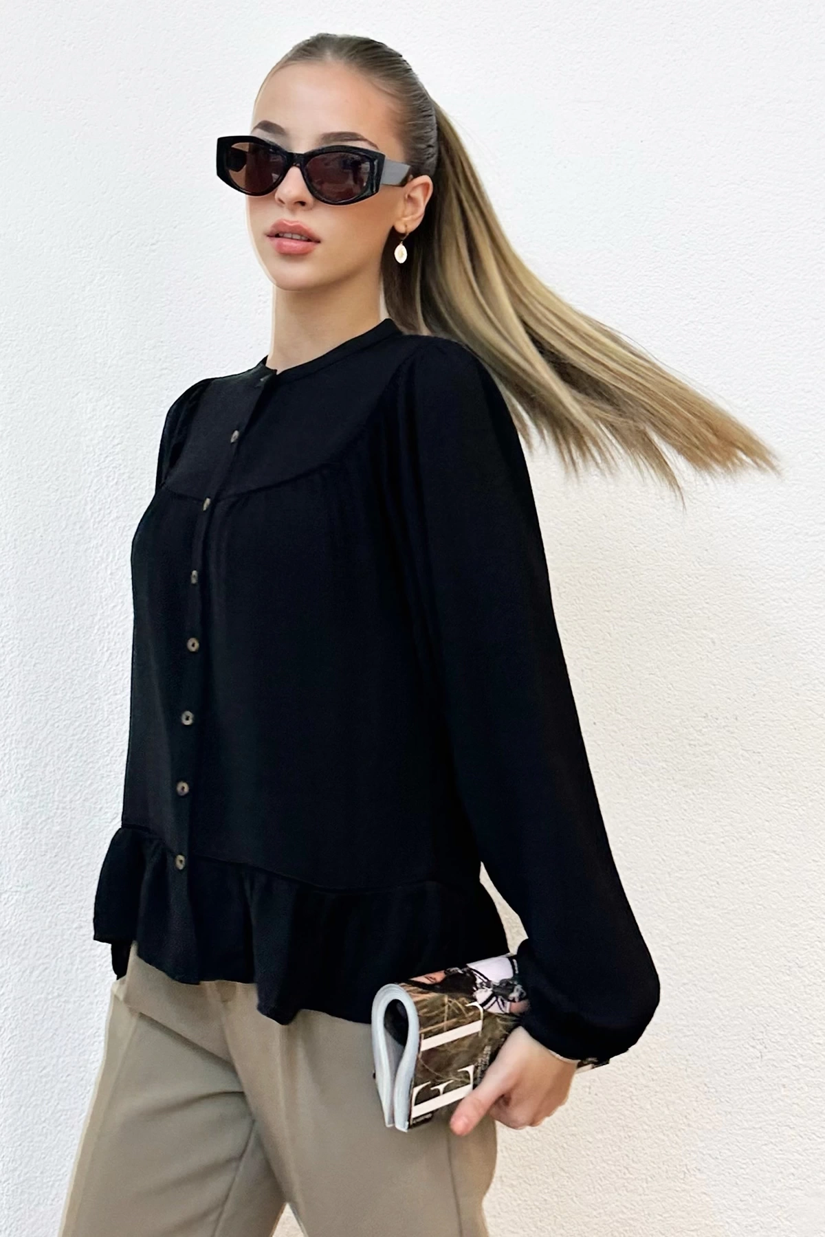 Robalı Balon Kol Bluz