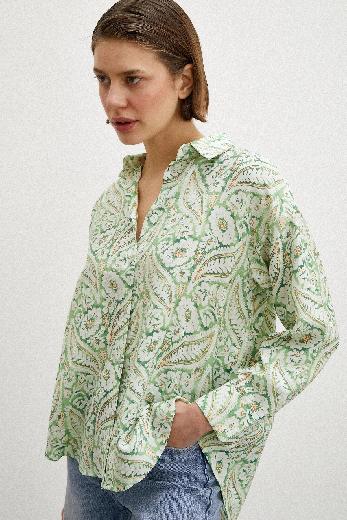 Şal Desenli Oversize Yeşil Gömlek