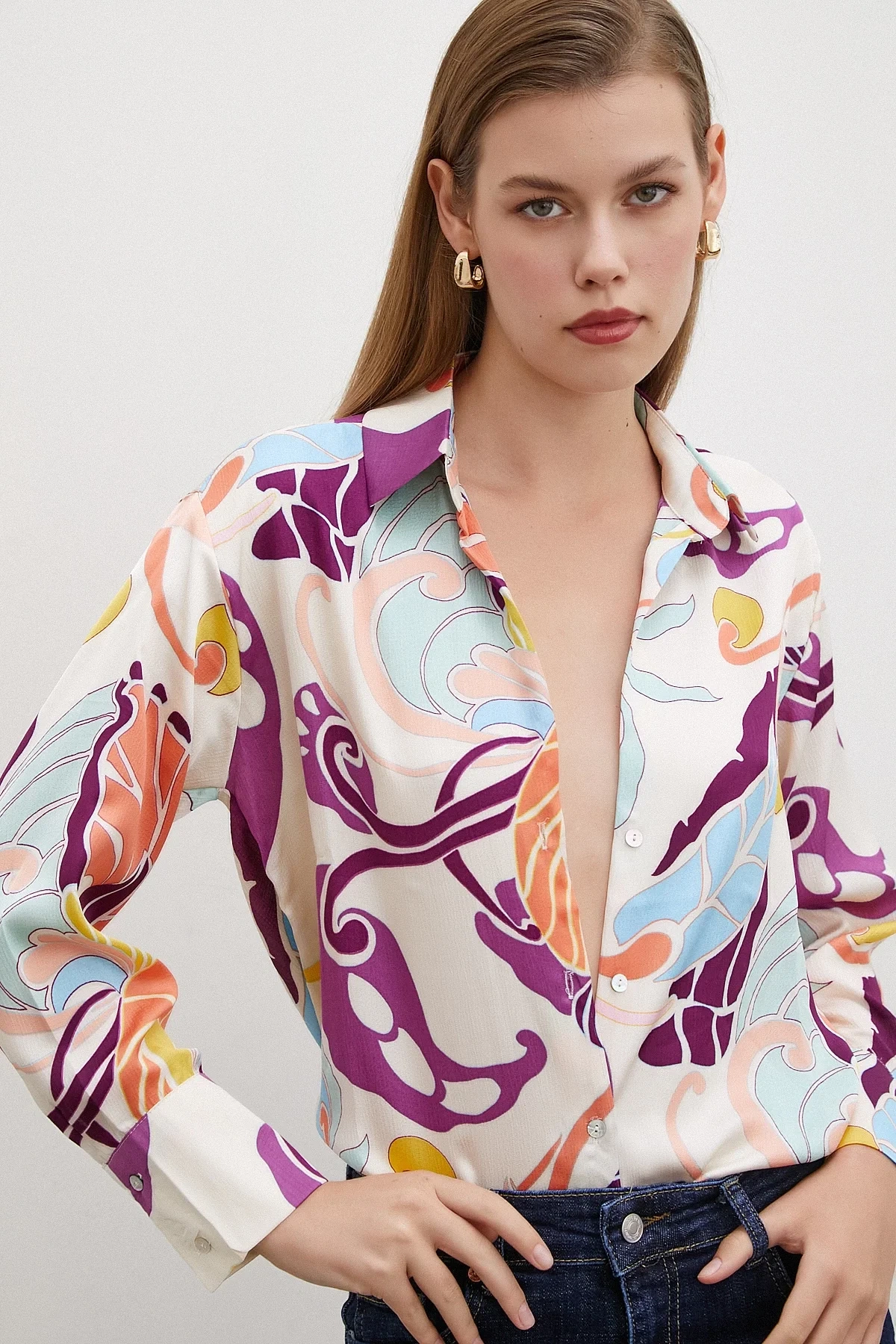 Şal Desenli Uzun Kollu Oversize Gömlek