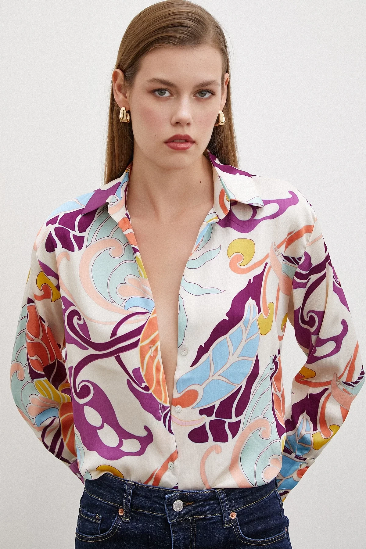 Şal Desenli Uzun Kollu Oversize Gömlek