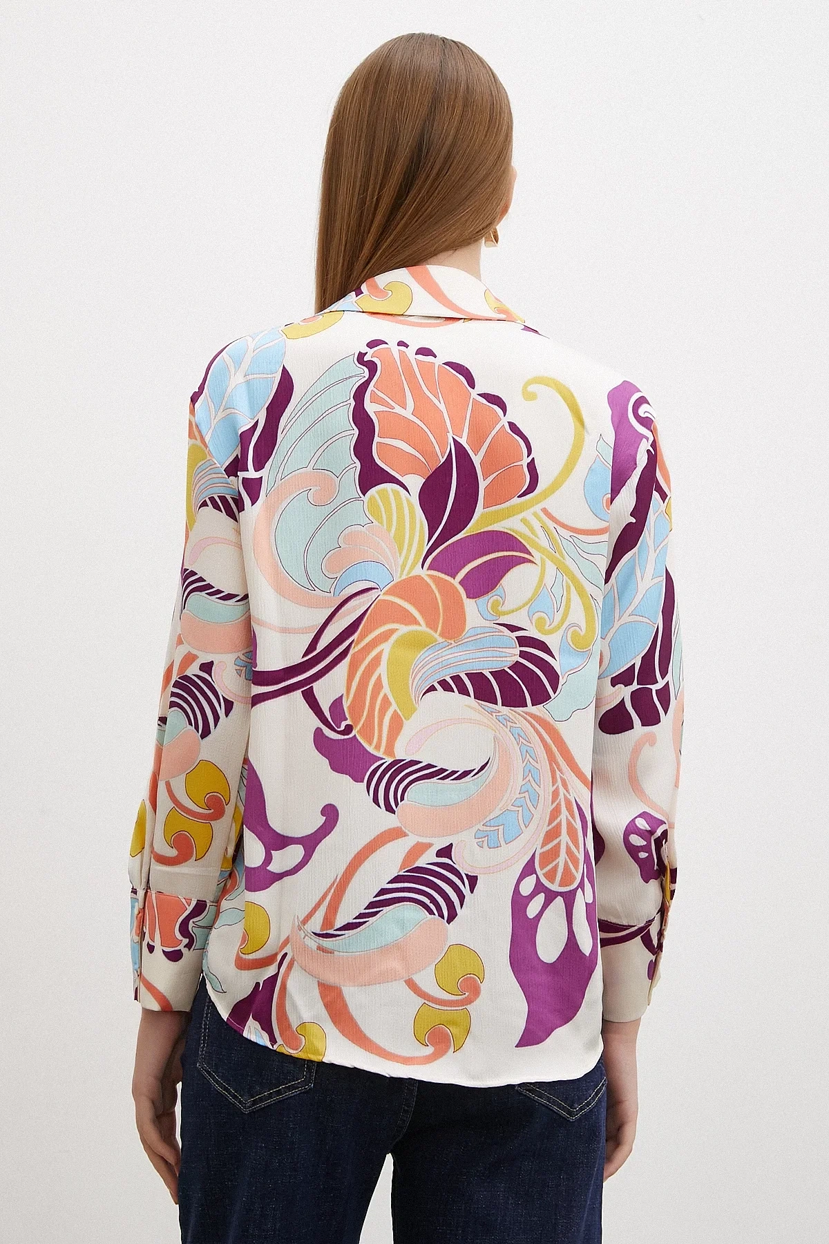 Şal Desenli Uzun Kollu Oversize Gömlek