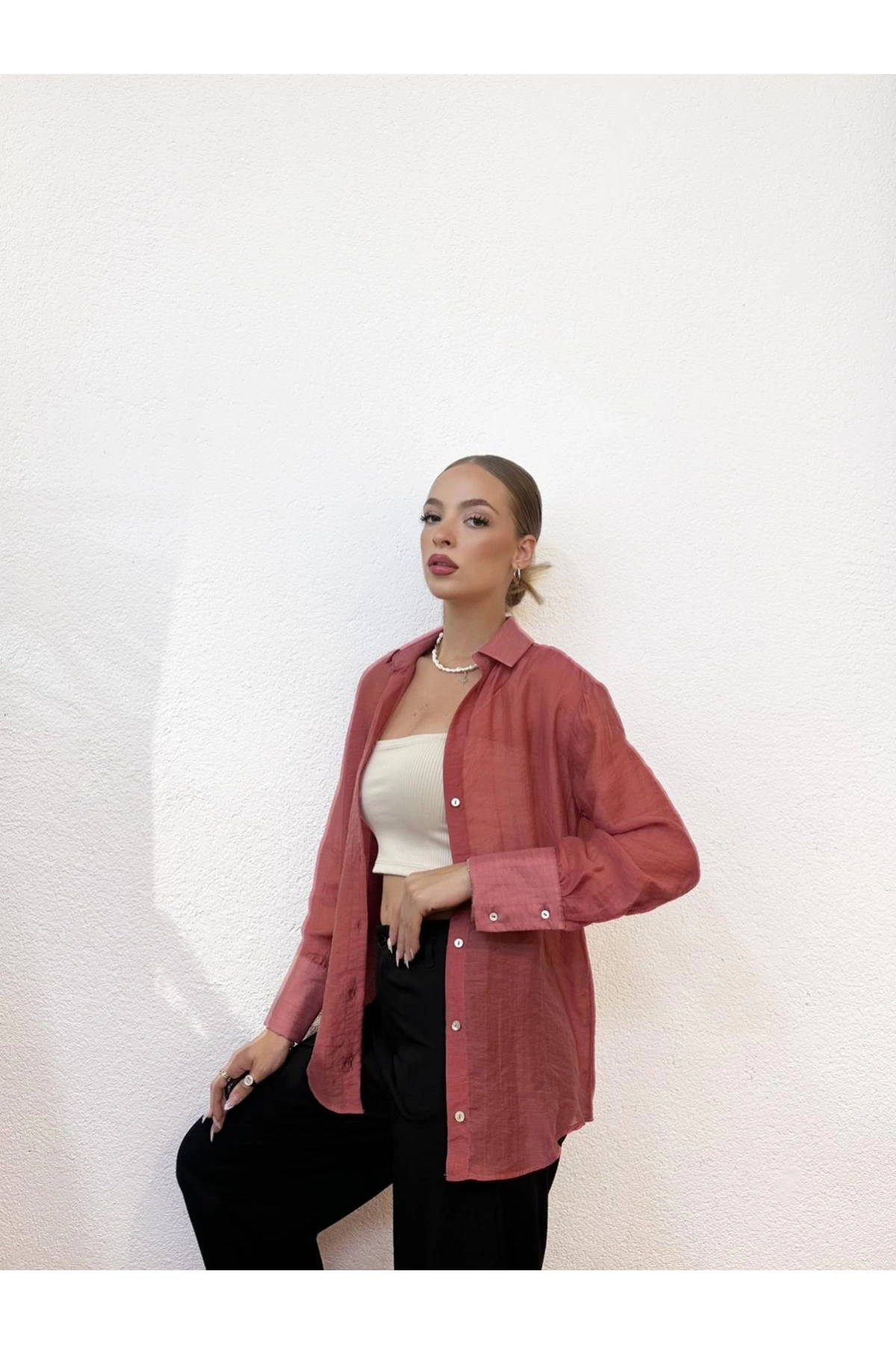 Transparan Gül Kurusu Gömlek