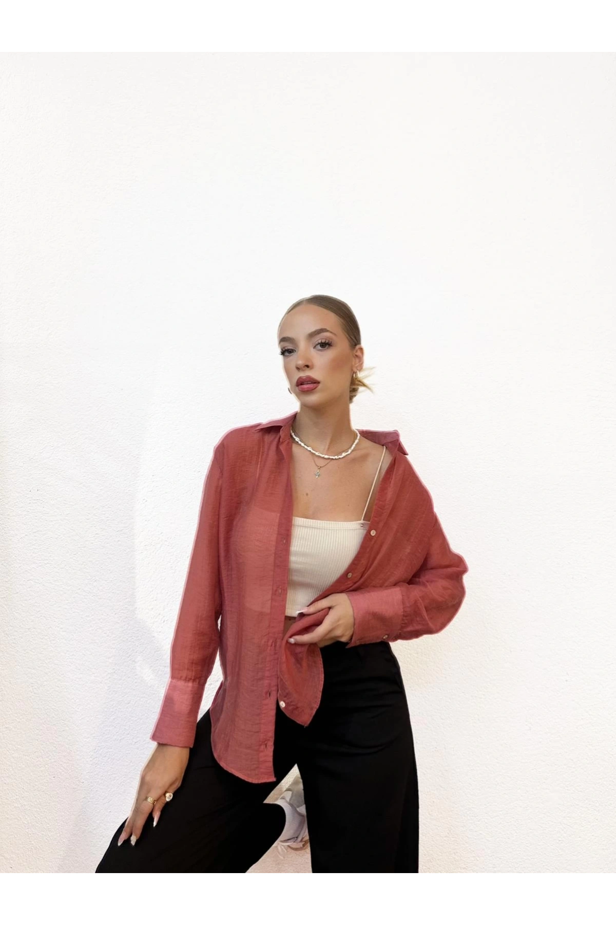 Transparan Gül Kurusu Gömlek