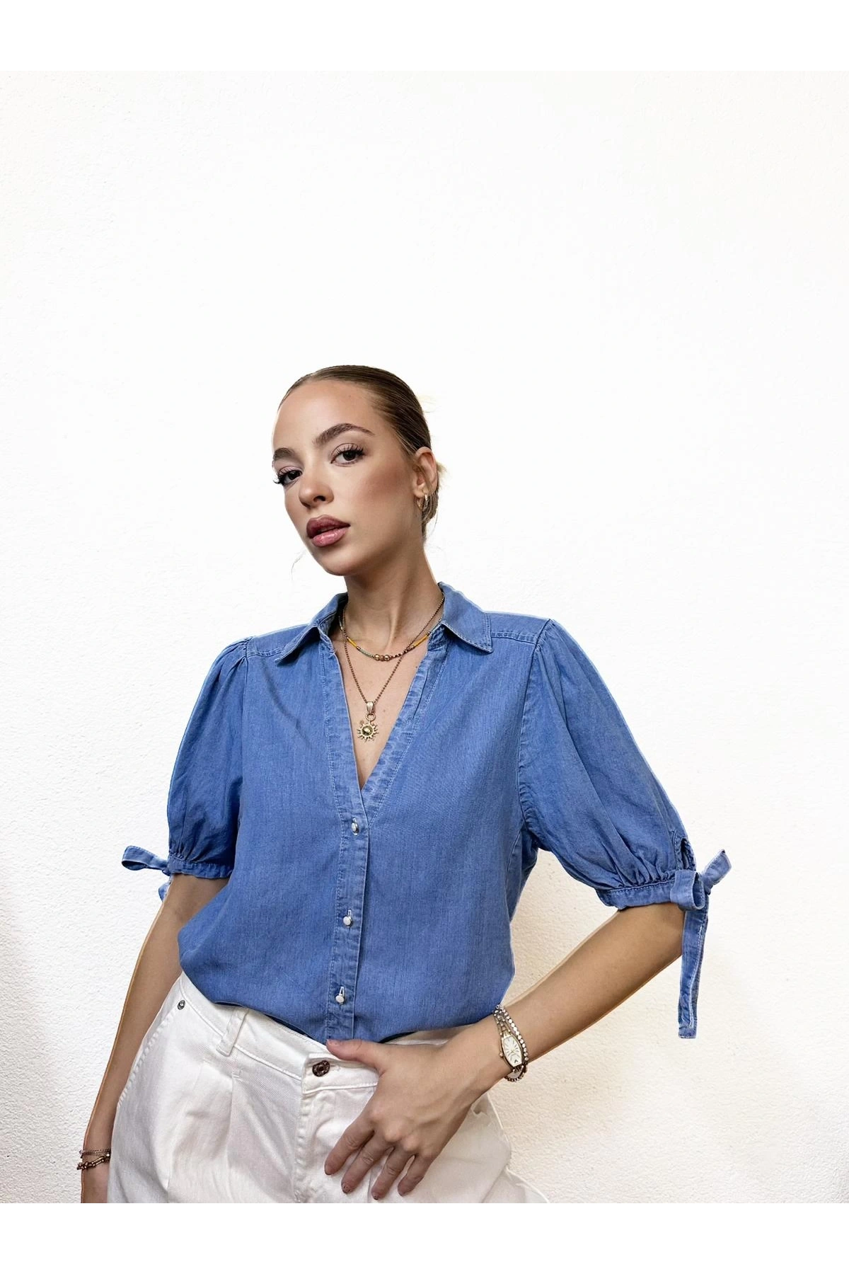 V Yaka Denim Kot Gömlek