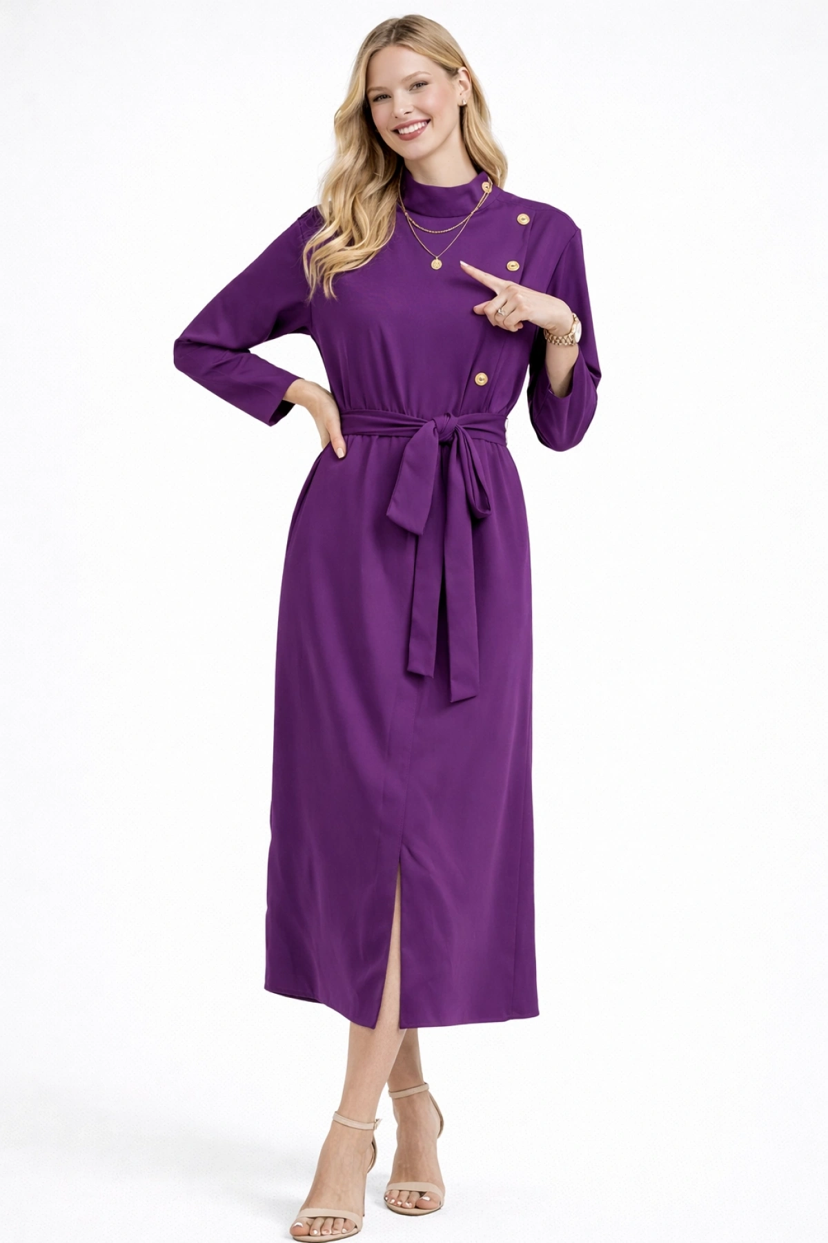 Yan Düğme Detaylı Mini Mor Elbise