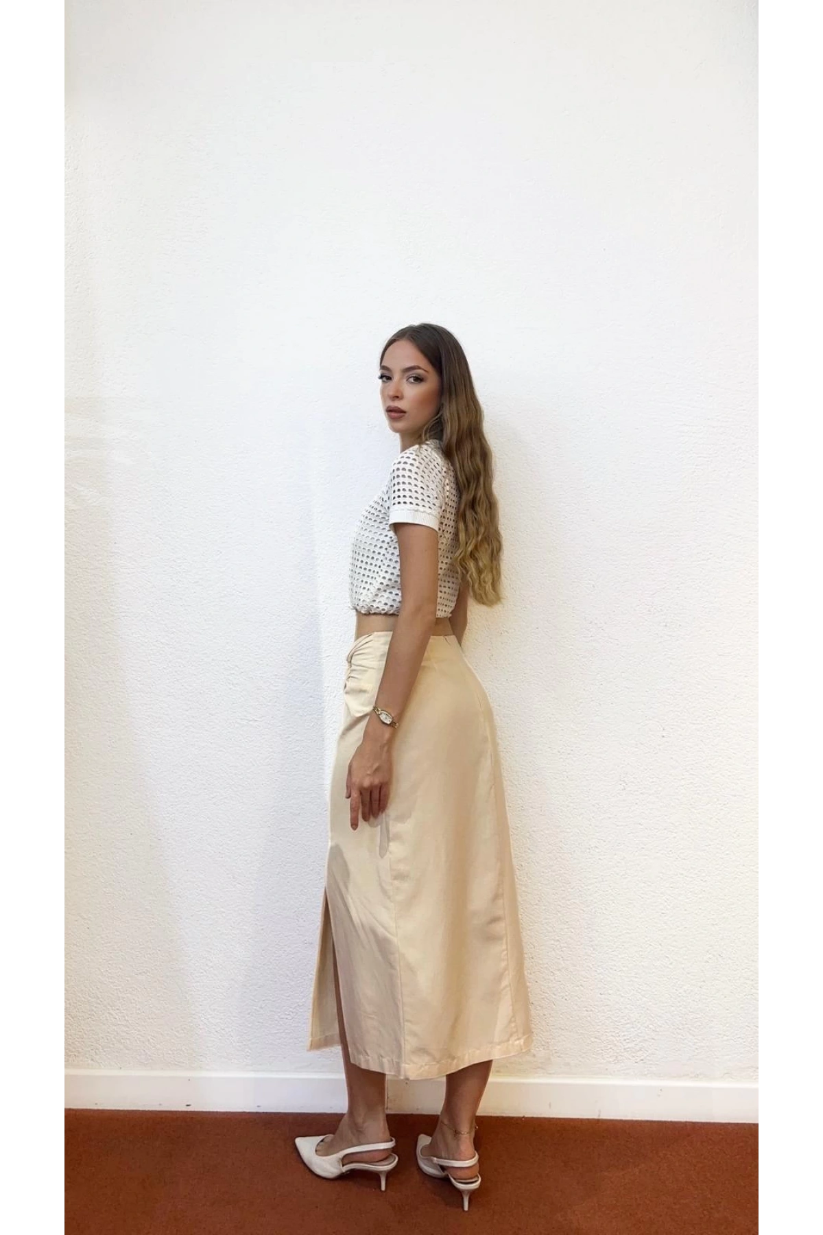 Yırtmaçlı Bağlama Detaylı Midi Boy Kalem Etek