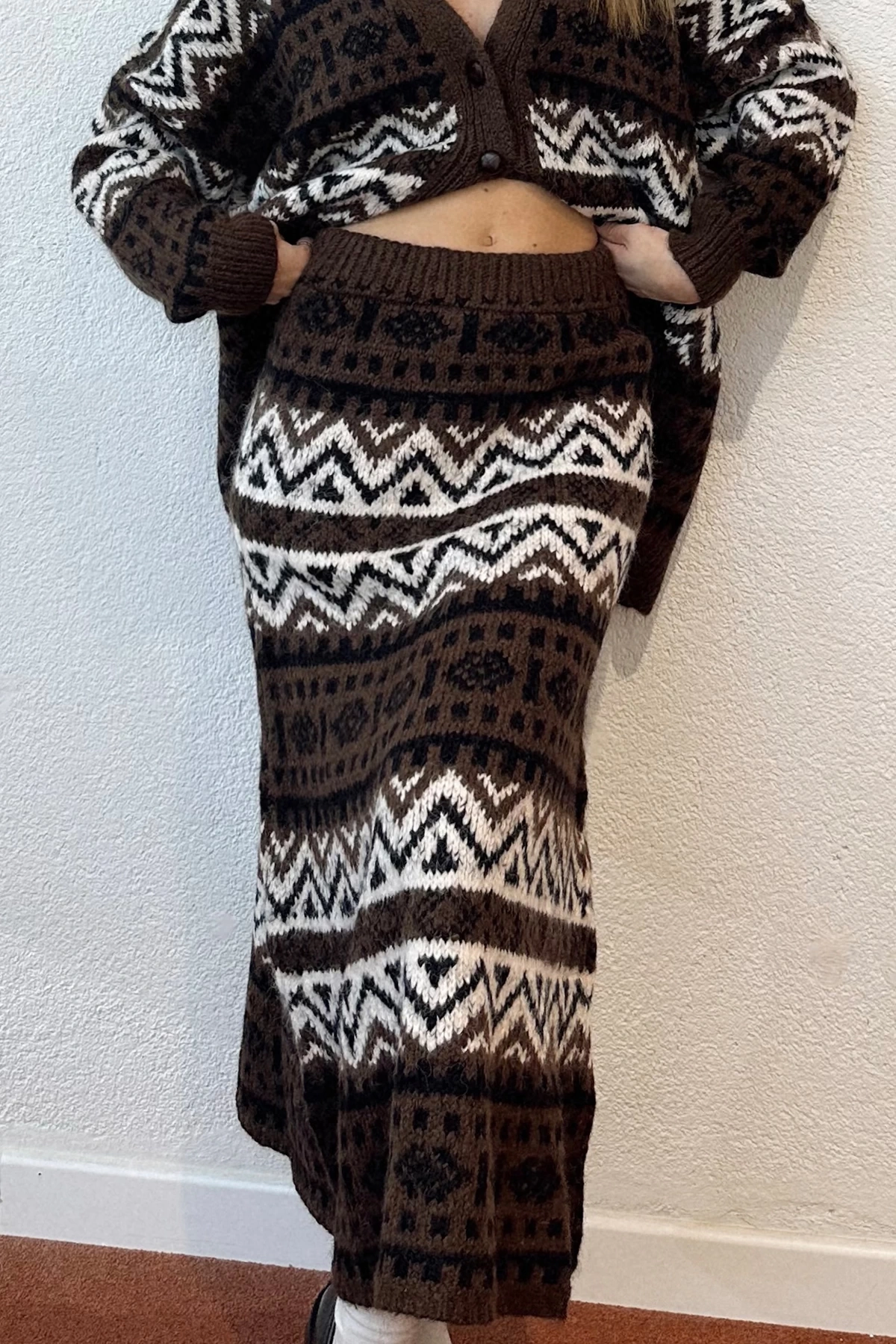 Yünlü Kahverengi Maxi Oversize ( Geniş Kalıp ) Etek