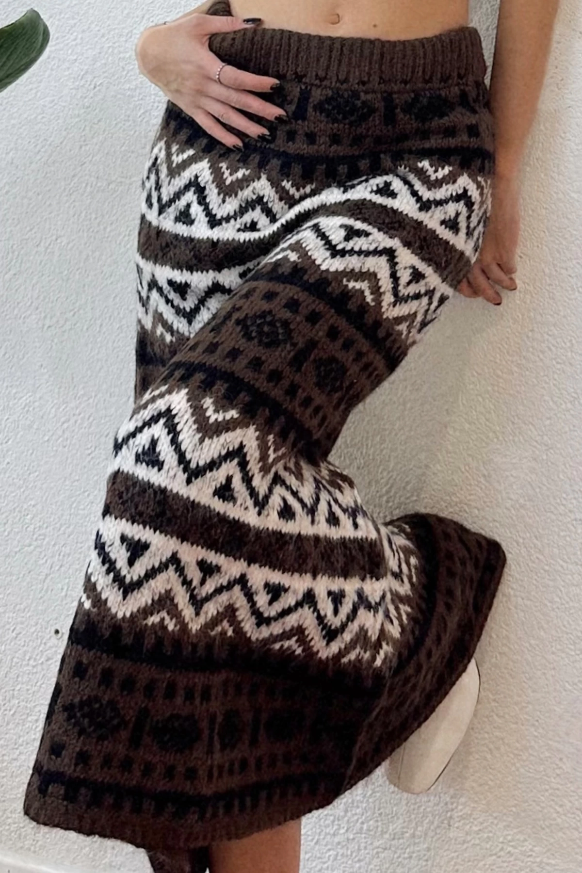 Yünlü Kahverengi Maxi Oversize ( Geniş Kalıp ) Etek