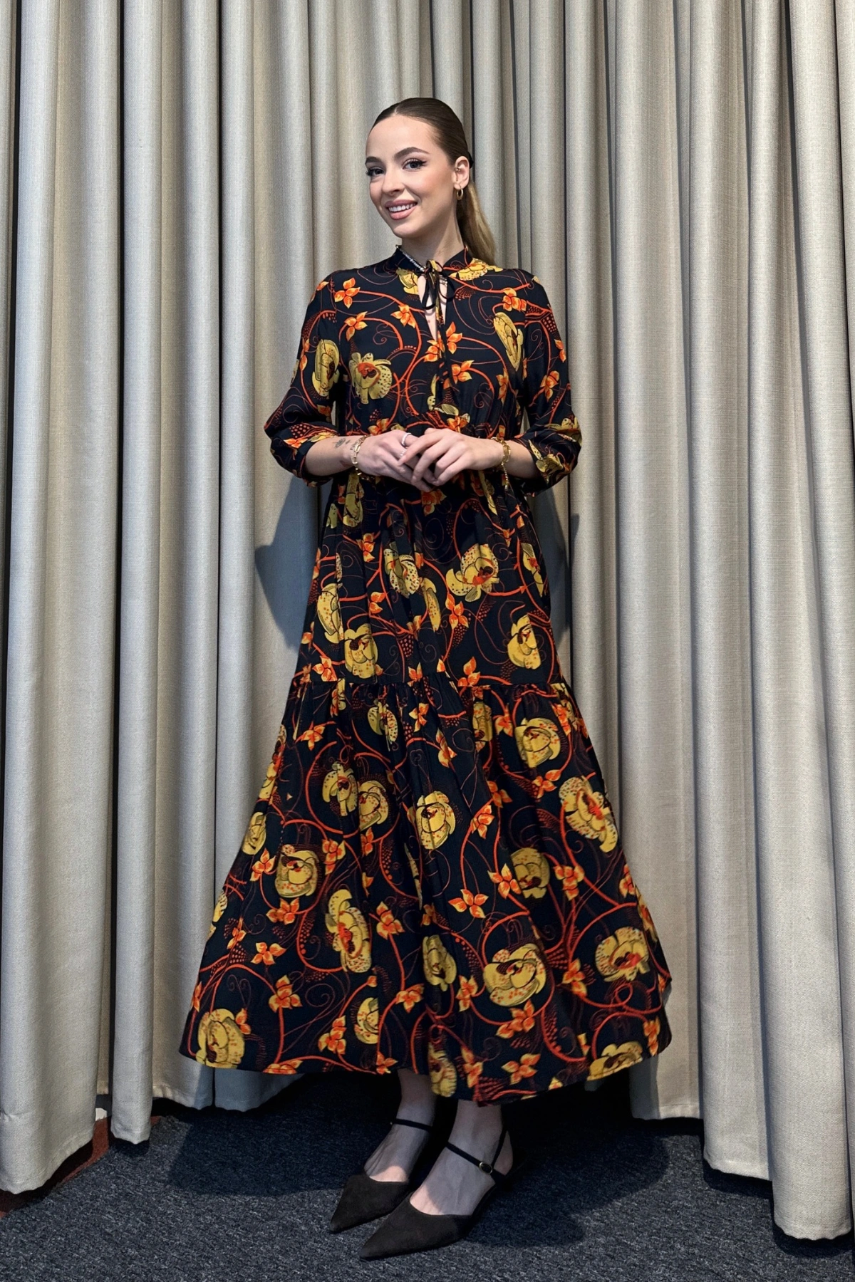 Hakim Yaka Desenli Lacivert Maxi Elbise