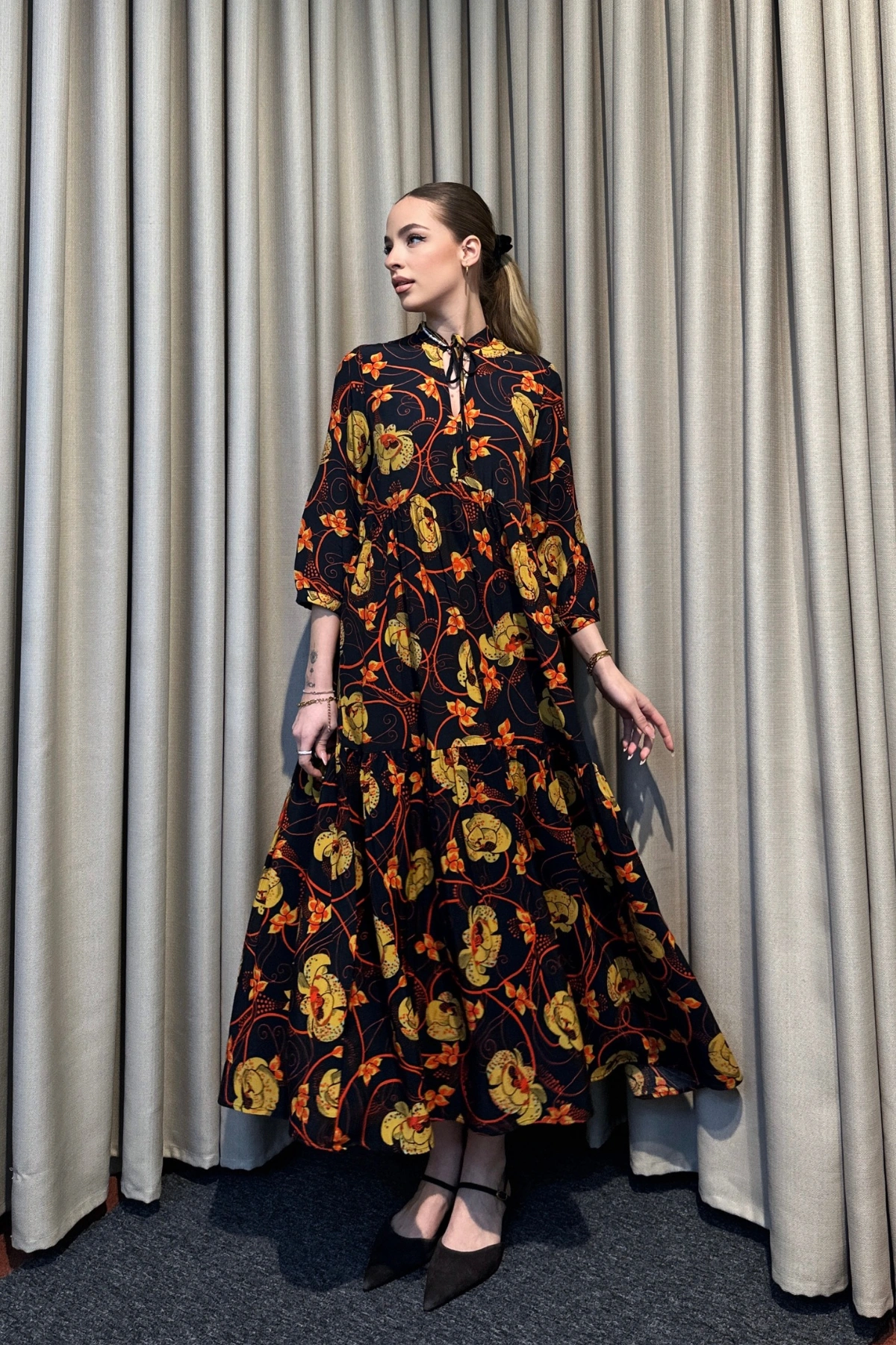 Hakim Yaka Desenli Lacivert Maxi Elbise