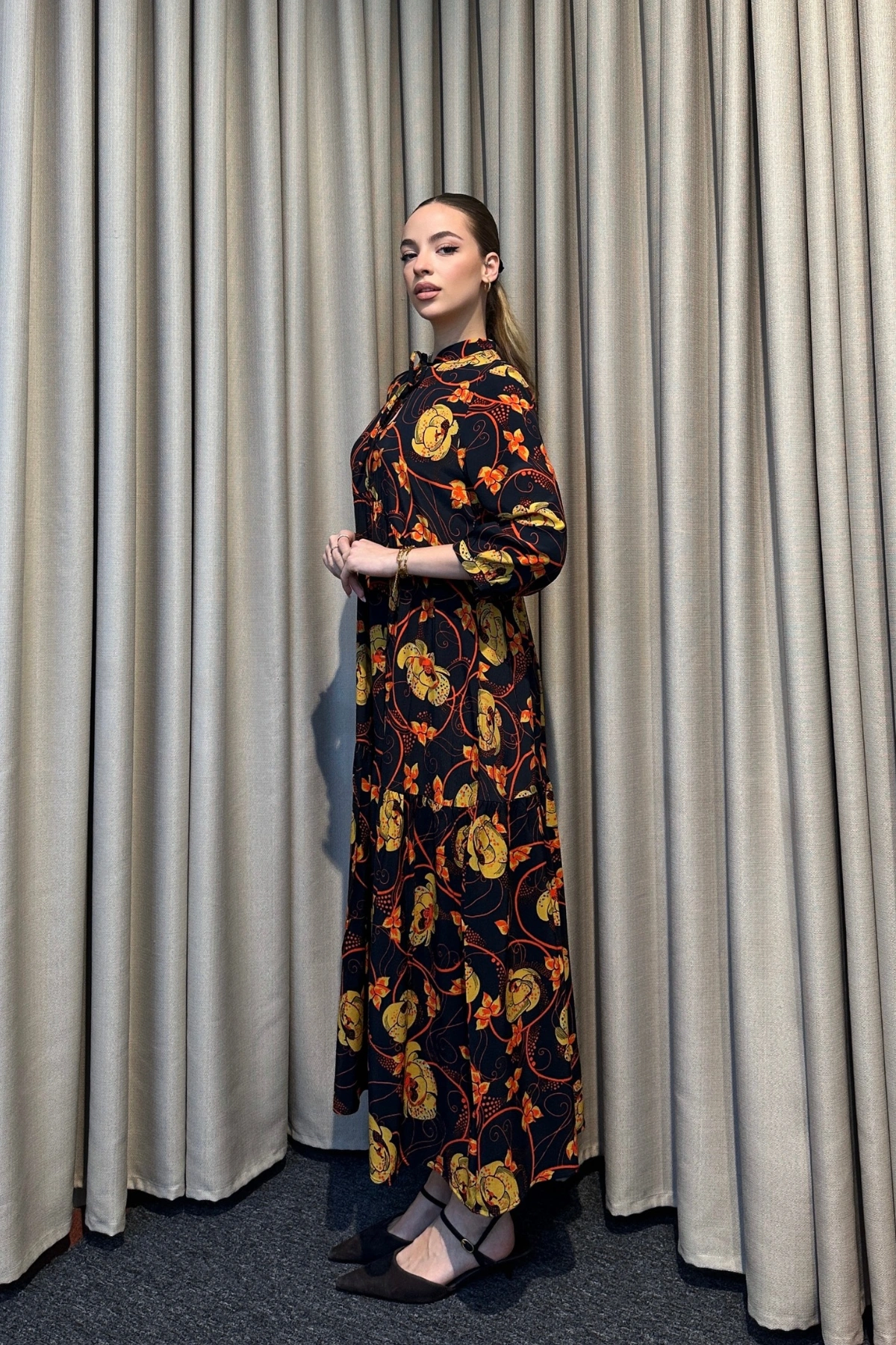 Hakim Yaka Desenli Lacivert Maxi Elbise