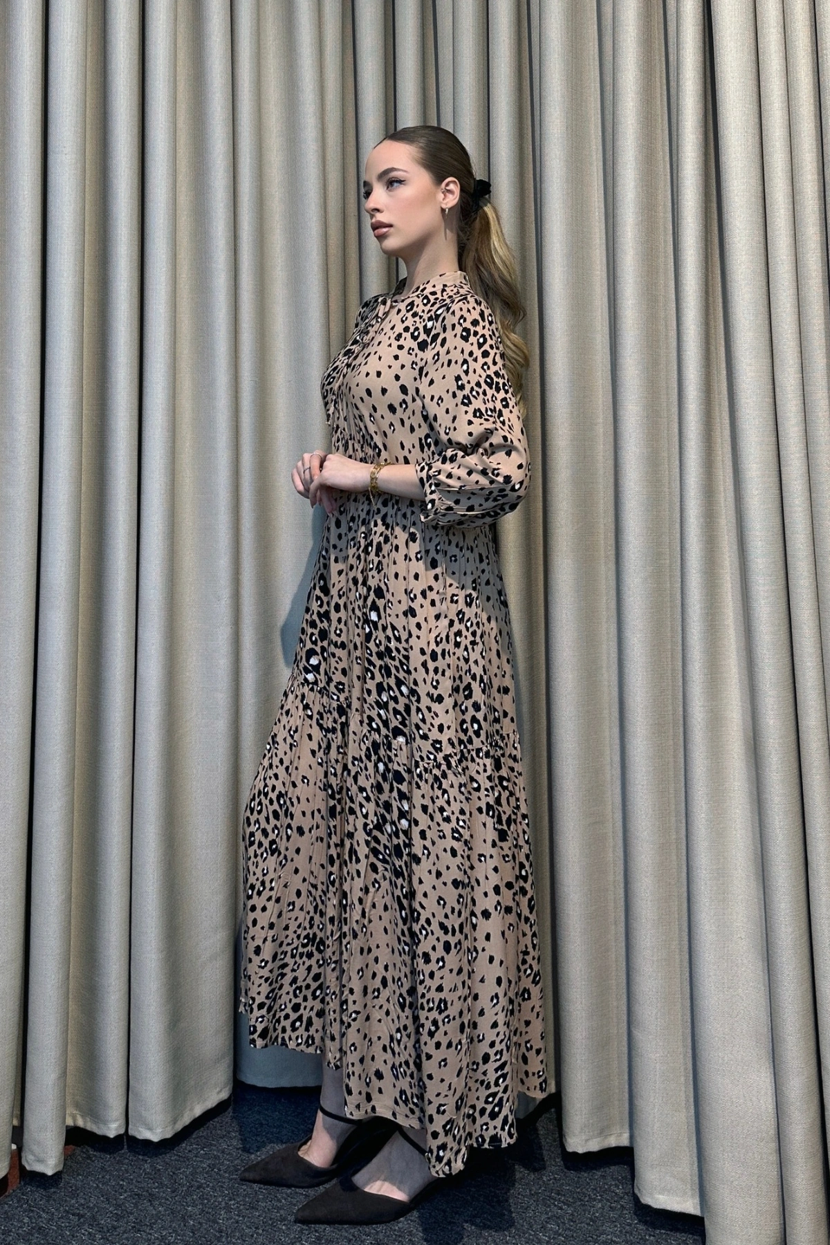 Hakim Yaka Desenli Maxi Elbise